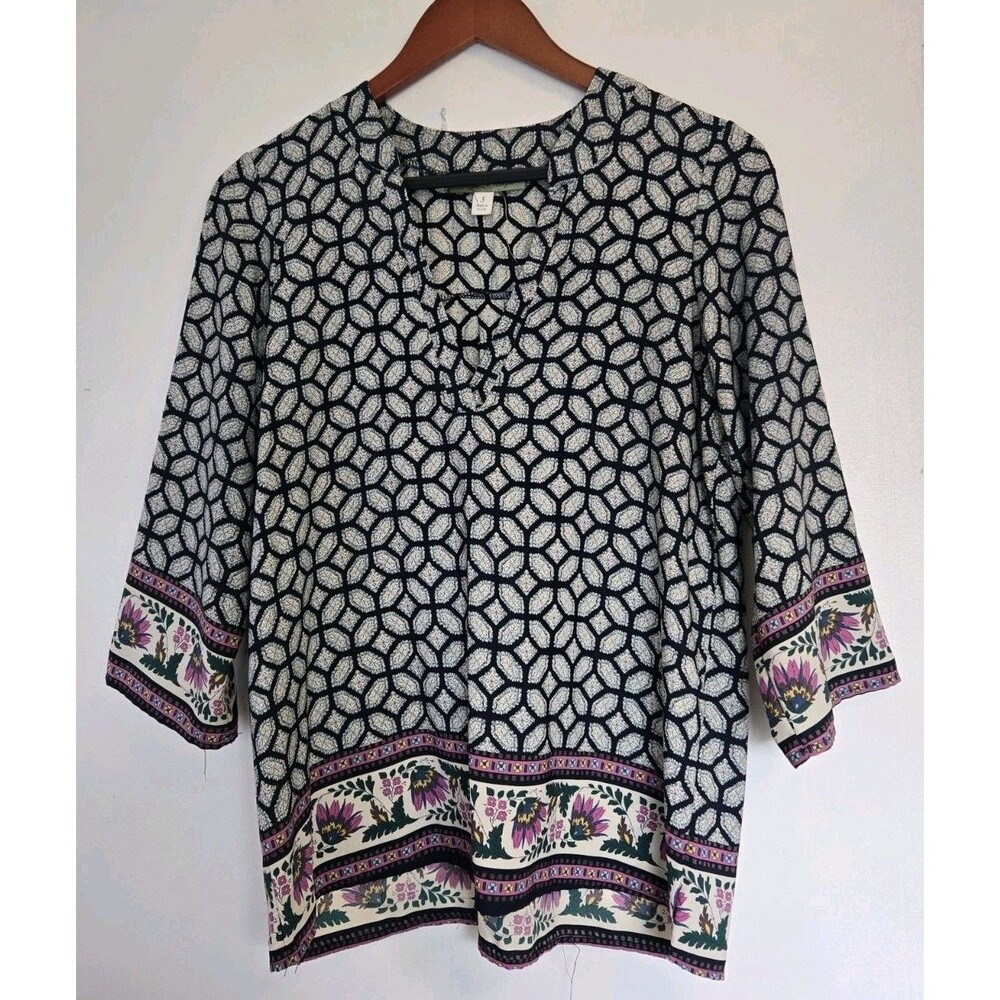 VTG Whisper Tunic Womens S Top 3/4 Sleeve Boho Floral Artsy Gypsy Eclectic Flowy